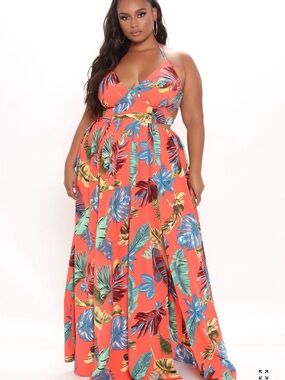 Fashion Nova Coral Tropical Print Maxi Dress